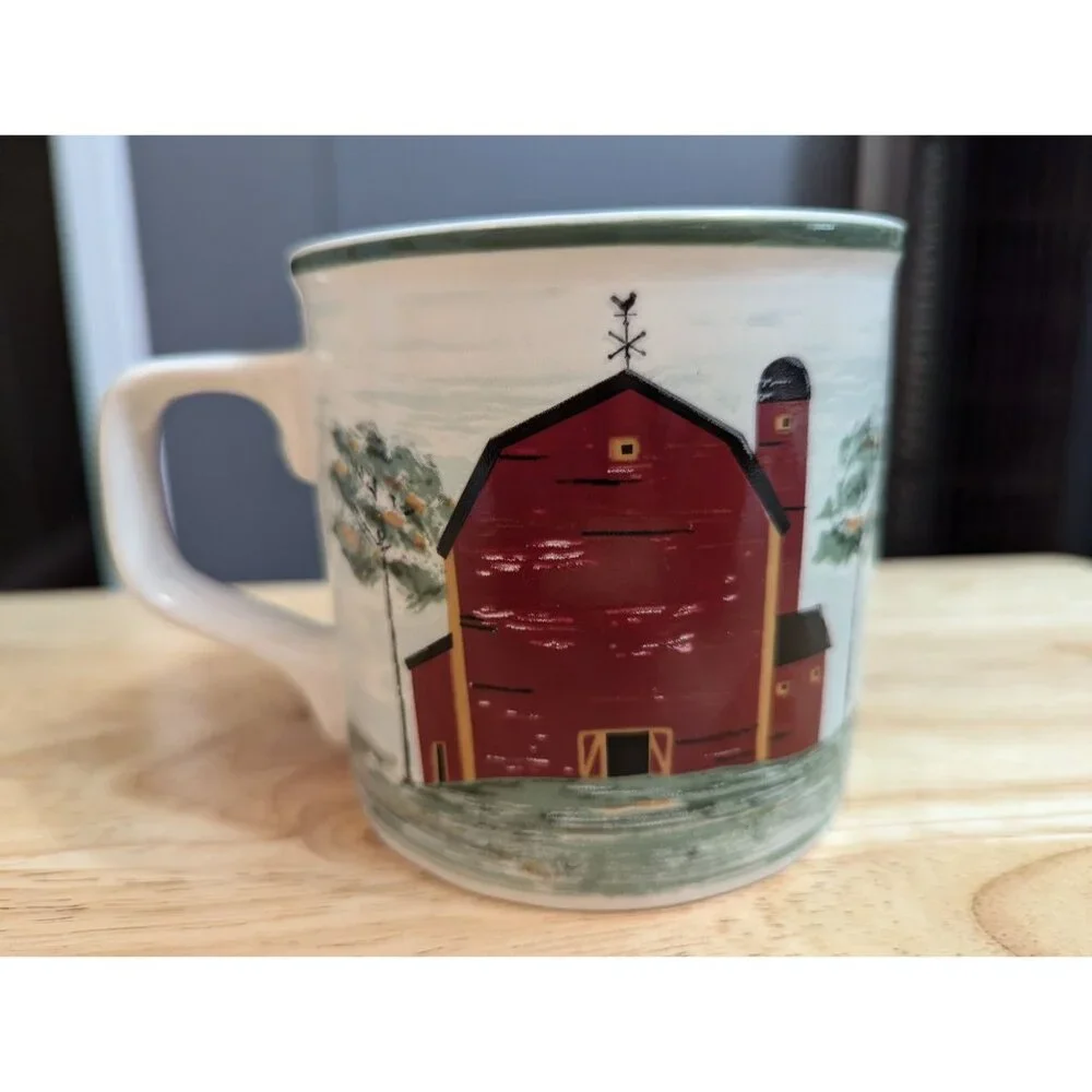 Tienshan Stoneware Praire mug Red Barn dual side image green rim trim country‎